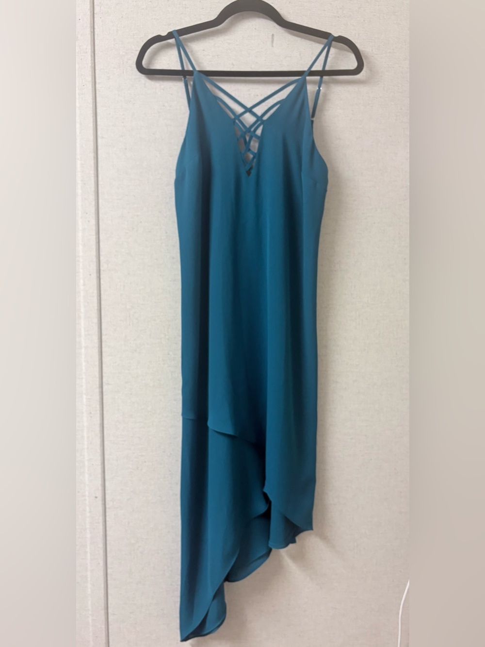 Guess Teal Asymmetrical Maxi Dress with Lattice V-Neck XS